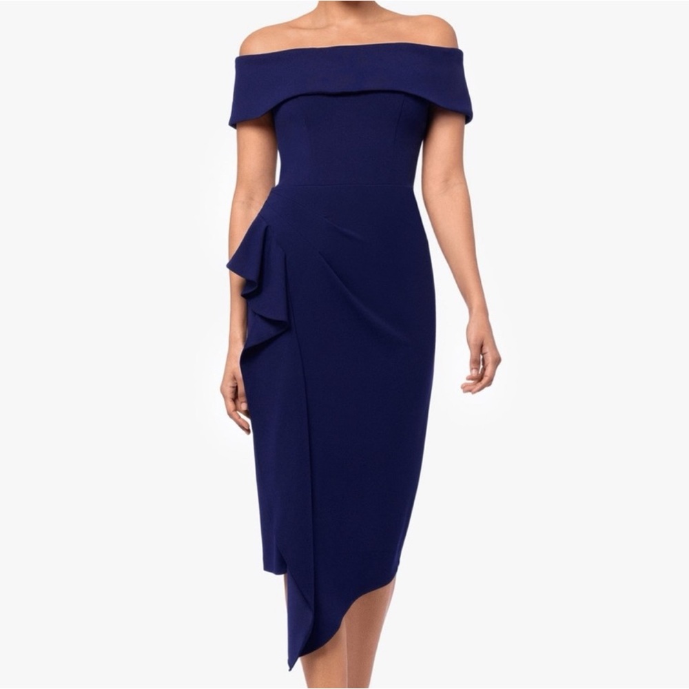 Betsy & Adam Asymmetrical Off-Shoulder Dress in Navy